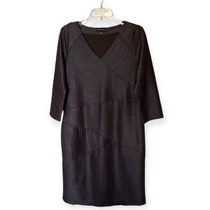 Tribal Brown Jacquard Faux Wrap Panel V Neck 3/4 Sleeve Sheath Dress Size Large